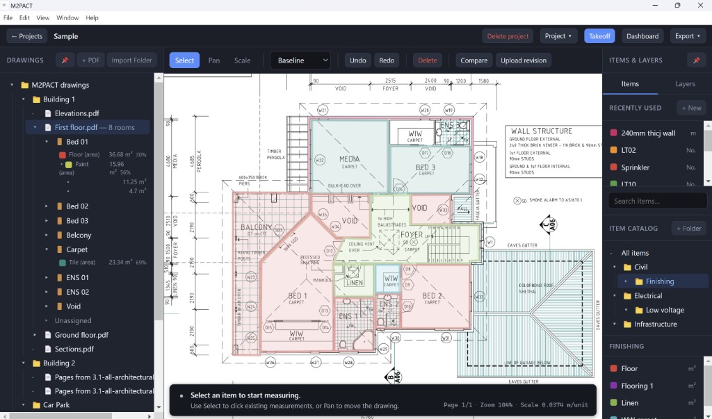M2PACT desktop app showing a construction floor plan with measured areas, drawings tree and takeoff items